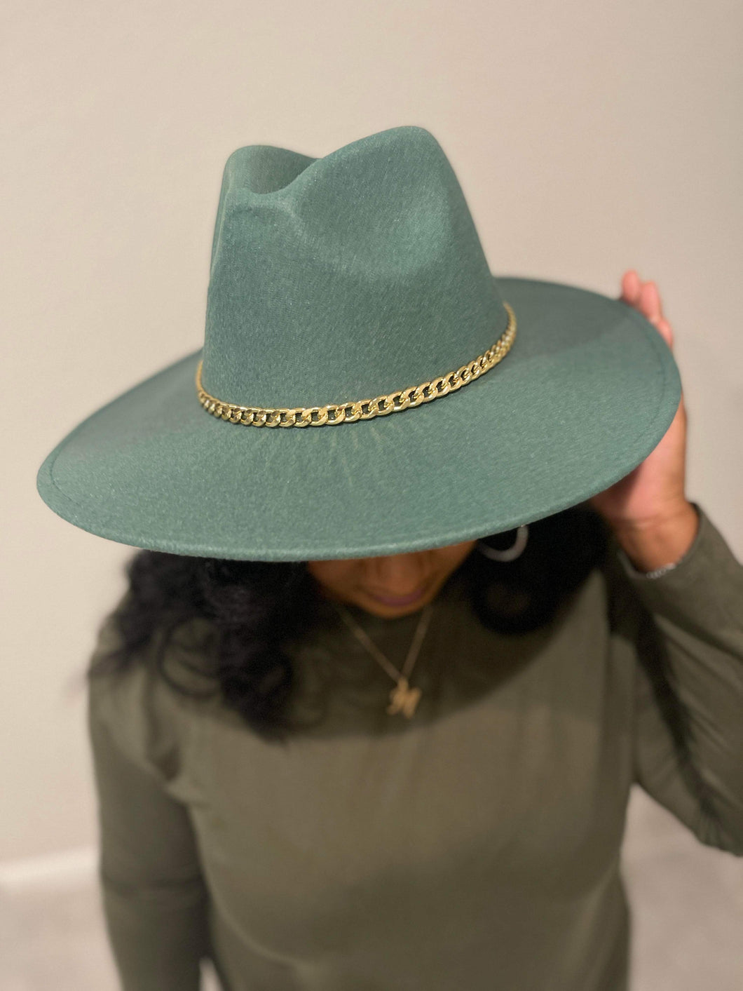 Gold Chain Fedora Hat- Olive Green